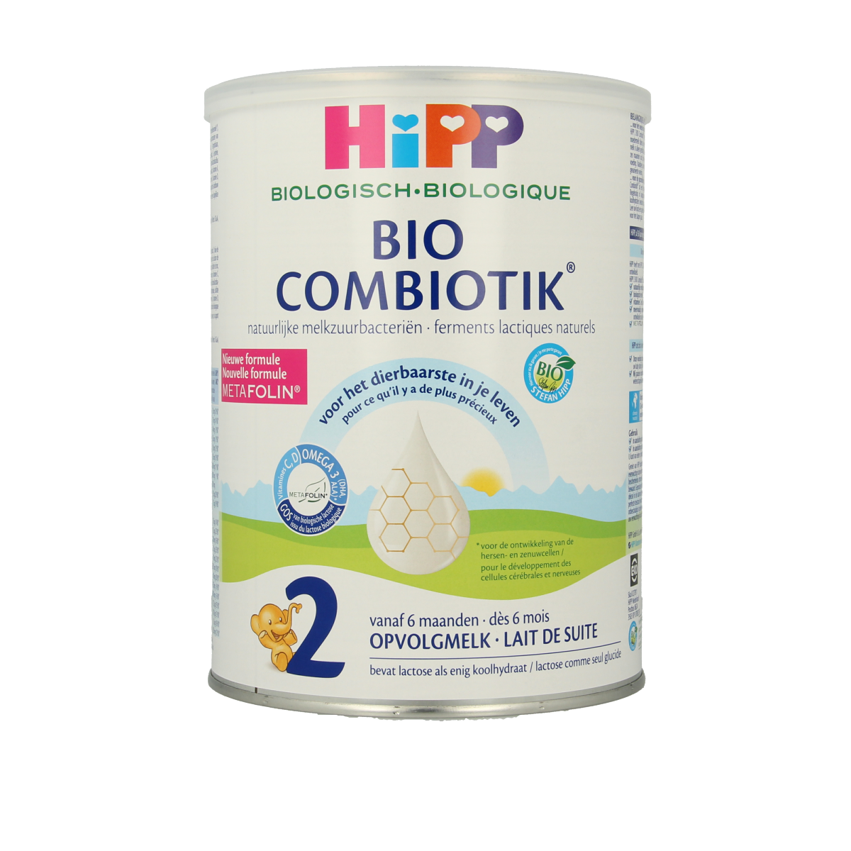 Hipp 2 Combiotik organic follow-up baby milk powder, 800 grams, in a resealable container with a white lid and label.