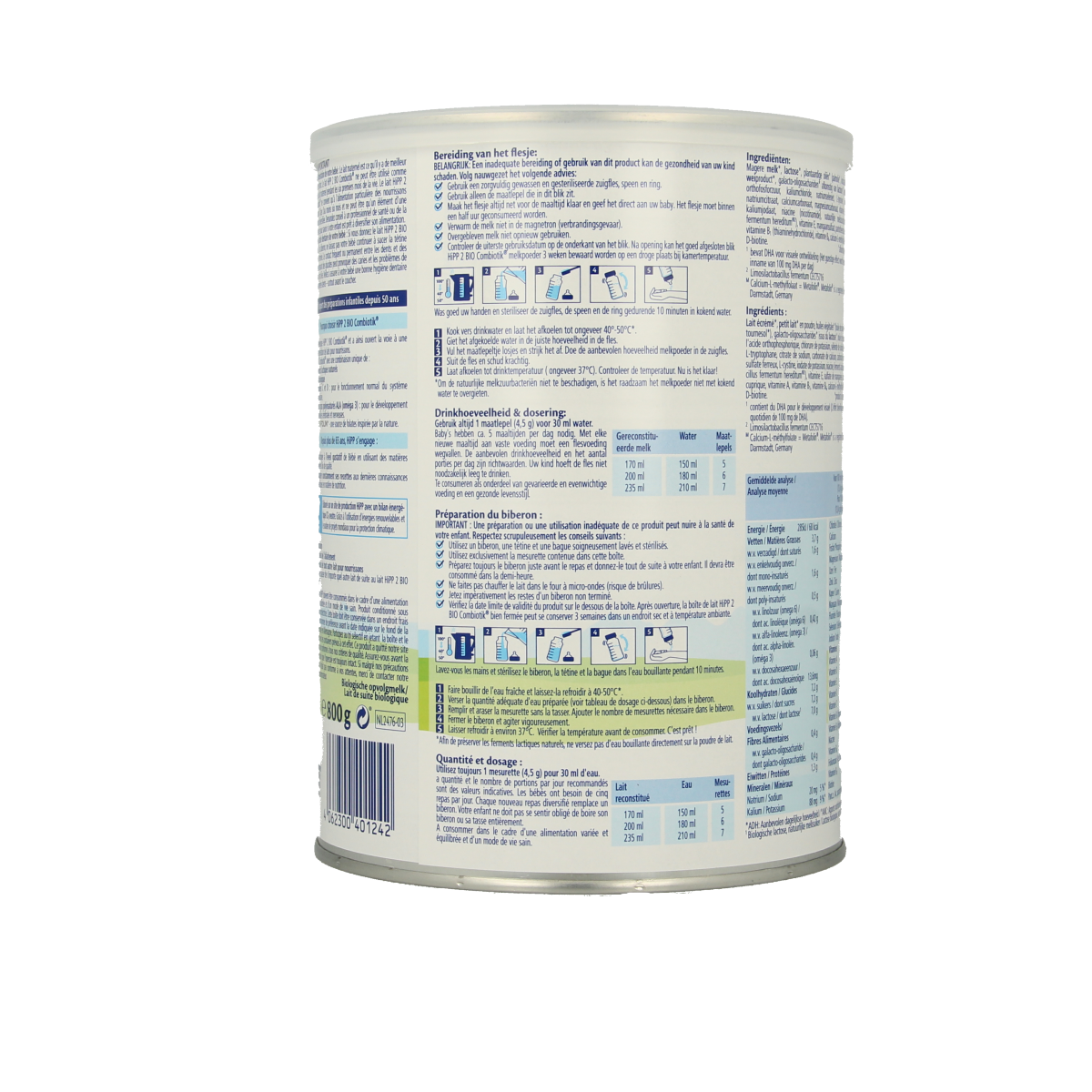 Hipp 2 Combiotik bio follow-on milk powder for babies and toddlers, 800 grams, in a resealable container.