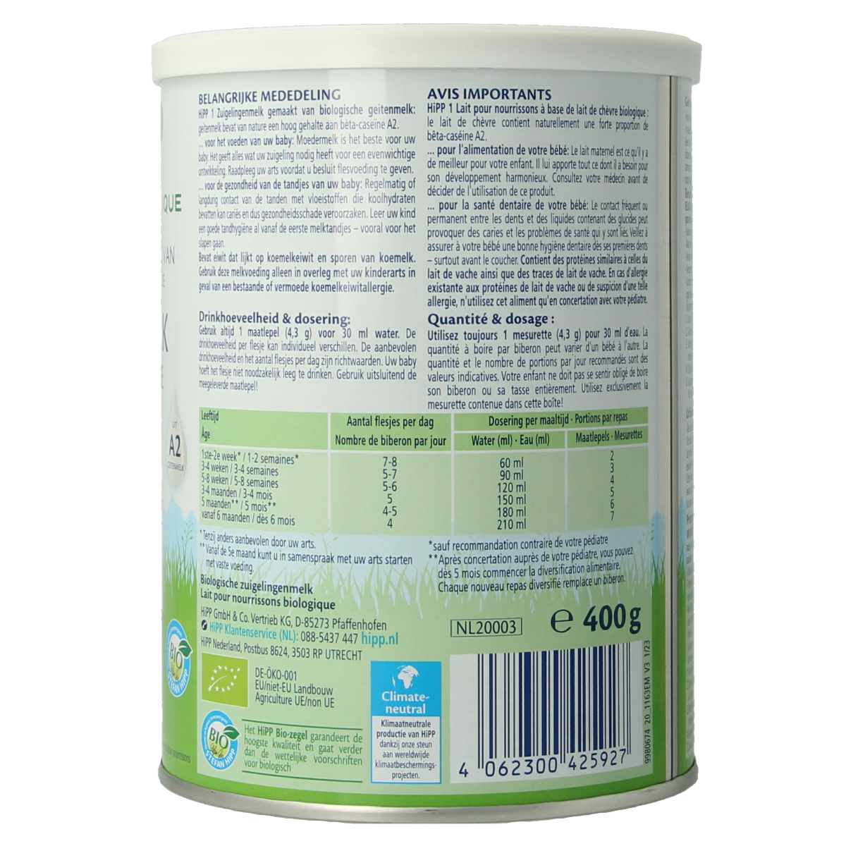 Hipp 1 biologische geitenmelk voor zuigelingen, 400g, baby en peuter voeding, close-up of the product packaging