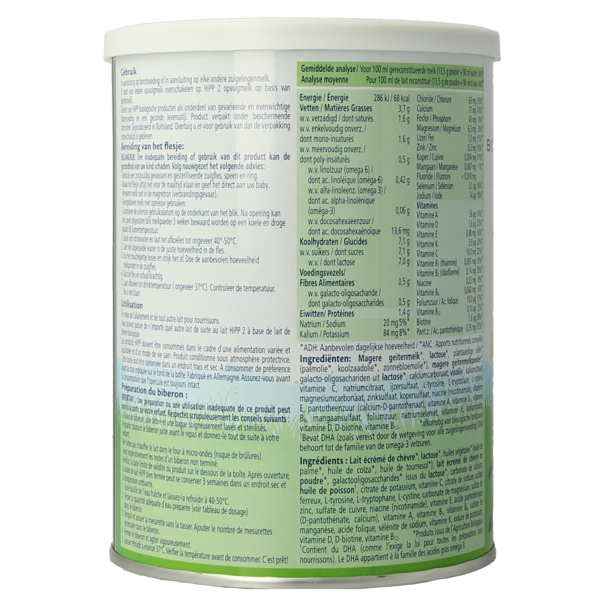 Hipp 2 biologische opvolgmelk op basis van geitenmelk, 400g, voor baby's en peuters, zichtbaar in de afbeelding.