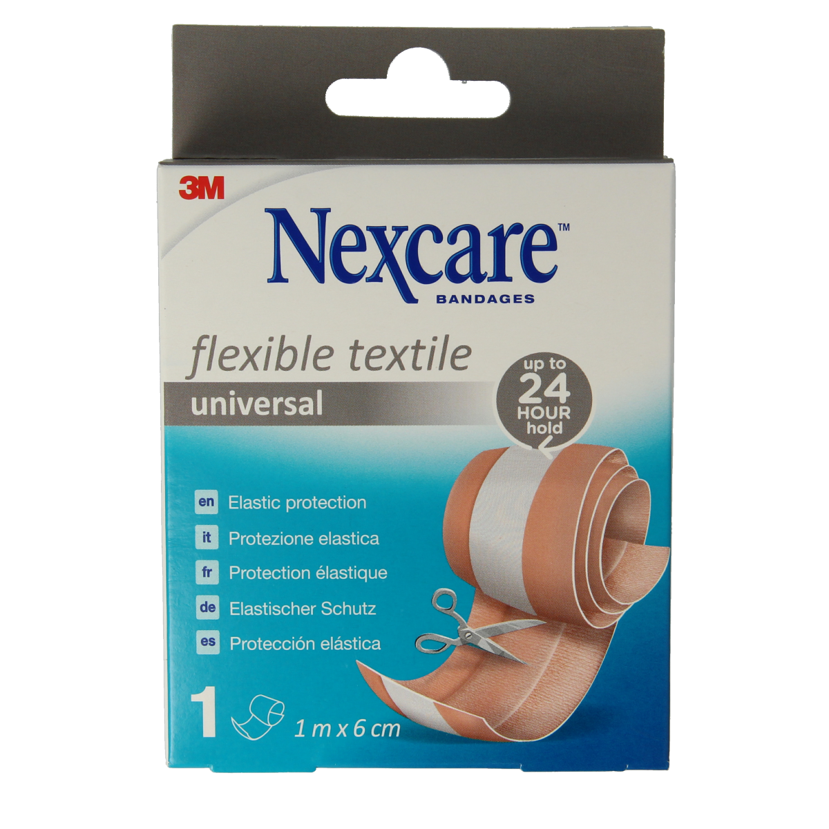 Nexcare Op=Op textile flexible medical adhesive bandage, 1 meter by 6 cm, suitable for wound care and minor injuries.