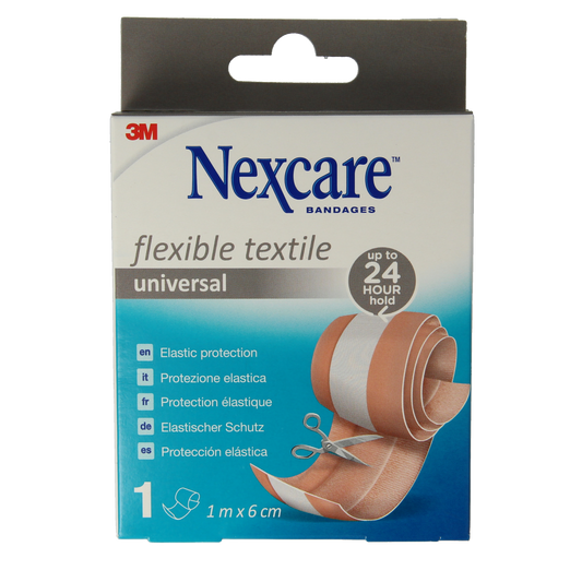 Nexcare Op=Op textile flexible medical adhesive bandage, 1 meter by 6 cm, suitable for wound care and minor injuries.