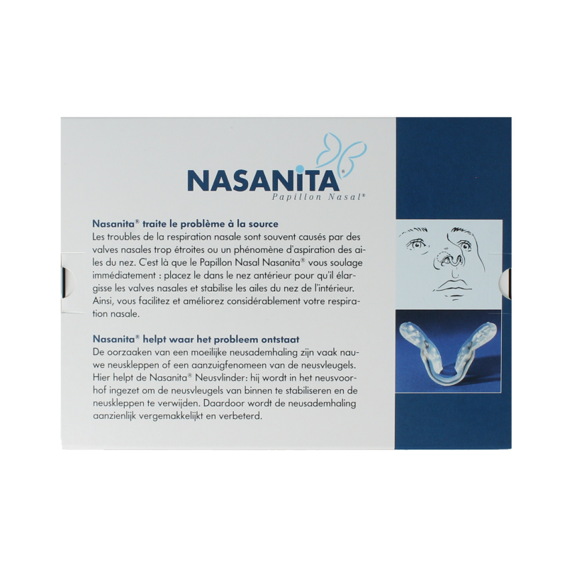Nasanita Papillon nasal inhaler for nasal care and congestion relief, displayed with packaging and inhaler device.