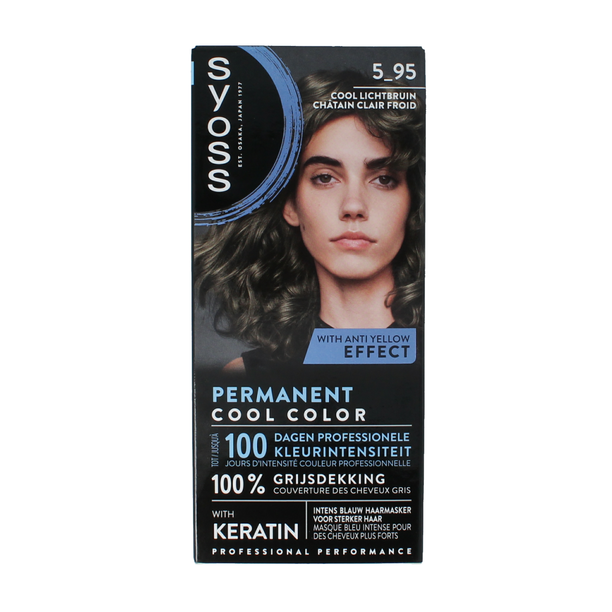 Syoss Permanent Cool Color 5-95 Lichtbruin hair dye set showing the box and coloring products for light brown hair.