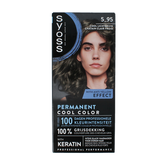 Syoss Permanent Cool Color 5-95 Lichtbruin hair dye set showing the box and coloring products for light brown hair.