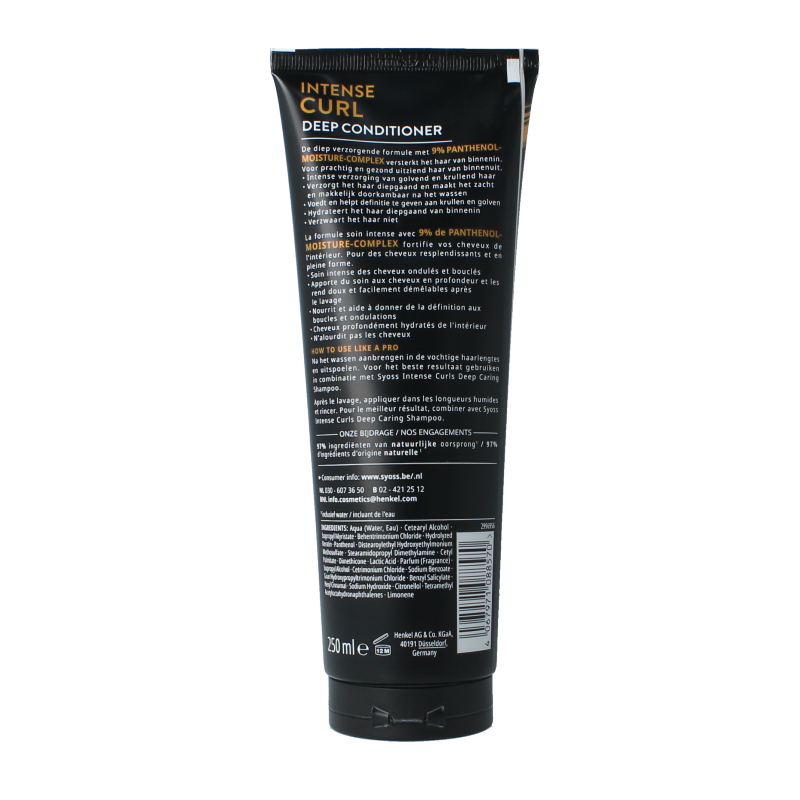 Syoss intense curl conditioner in a 250ml bottle, designed for curly hair care, with a sleek packaging and pump dispenser.