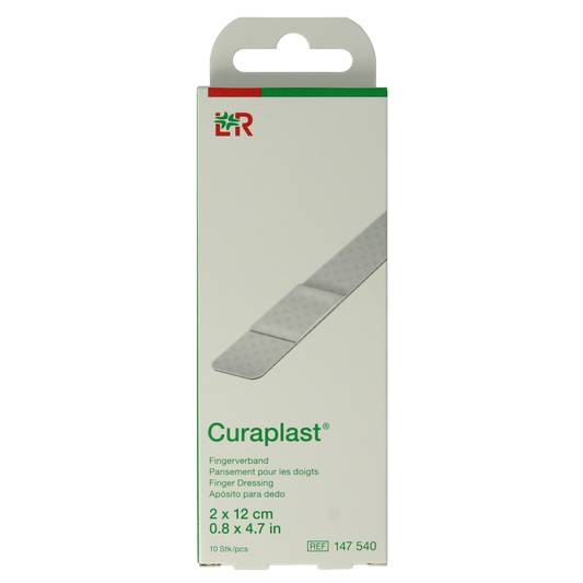 Curaplast Sensitive adhesive bandages, 2x12cm, pack of 10, suitable for sensitive skin, with breathable, flexible material.