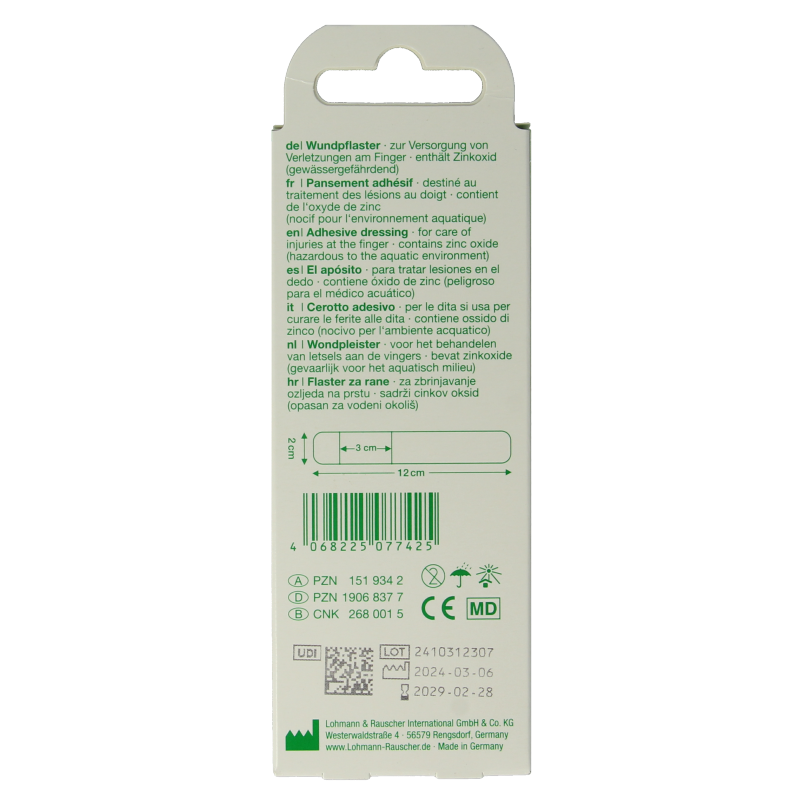Curaplast Sensitive adhesive bandages in a box, 2x12cm, pack of 10, suitable for sensitive skin, medical wound care tape.