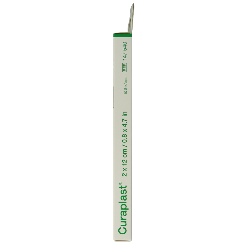 Curaplast Sensitive adhesive bandages, 2x12cm, pack of 10, suitable for gentle skin, in a healthcare tape and plasters product image.