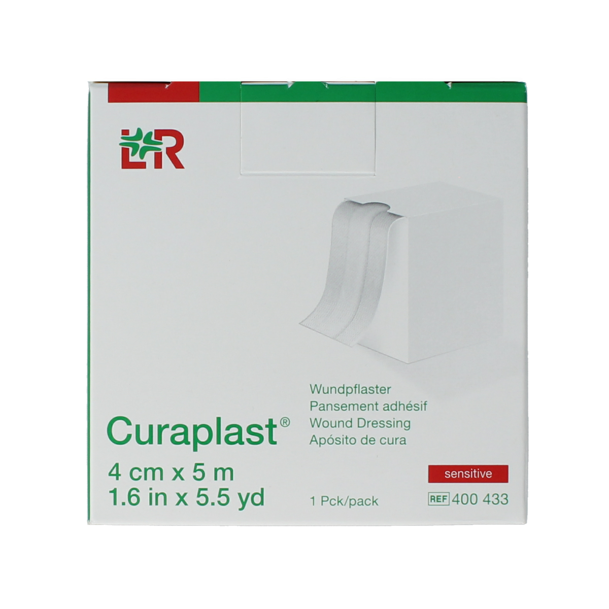 Curaplast Sensitive wound dressing tape, 5m x 4cm, soft adhesive bandage for sensitive skin, shown in the image.