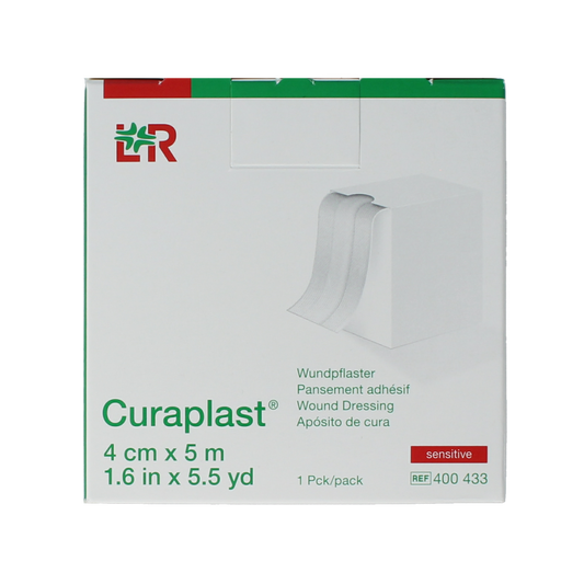 Curaplast Sensitive wound dressing tape, 5m x 4cm, soft adhesive bandage for sensitive skin, shown in the image.