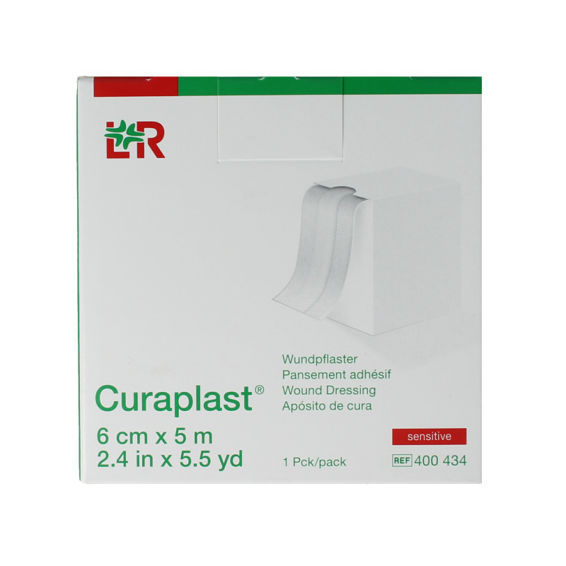 Curaplast Sensitive wound plasters 6cm x 5m roll, adhesive bandages for sensitive skin, shown in the image.