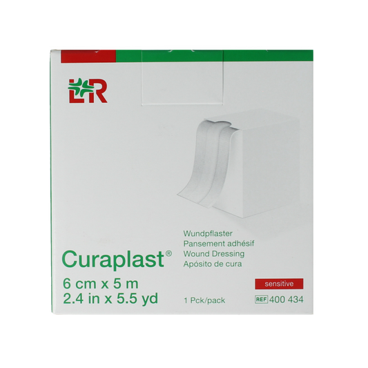 Curaplast Sensitive wound plasters 6cm x 5m roll, adhesive bandages for sensitive skin, shown in the image.