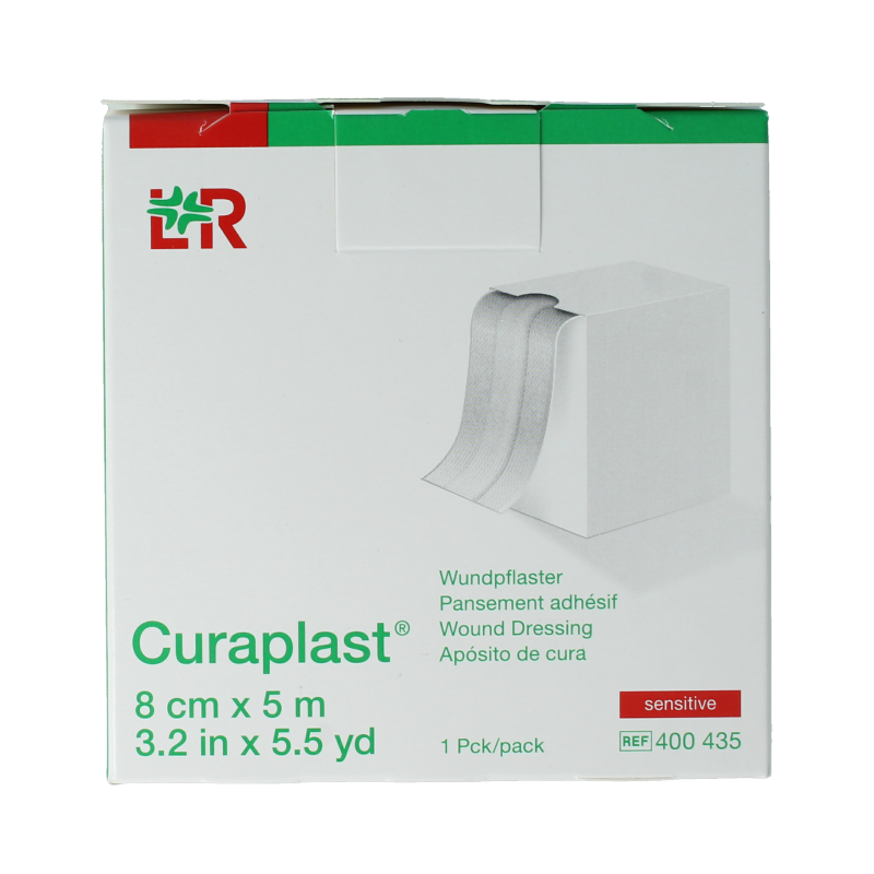 Curaplast Sensitive wound plaster roll 5m x 8cm, adhesive bandage for sensitive skin, shown in the image.