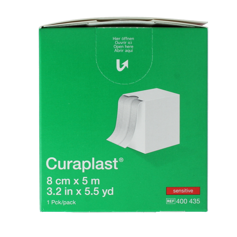 Curaplast Sensitive wound plaster roll, 5m x 8cm, with gentle adhesive for sensitive skin, shown in the image.