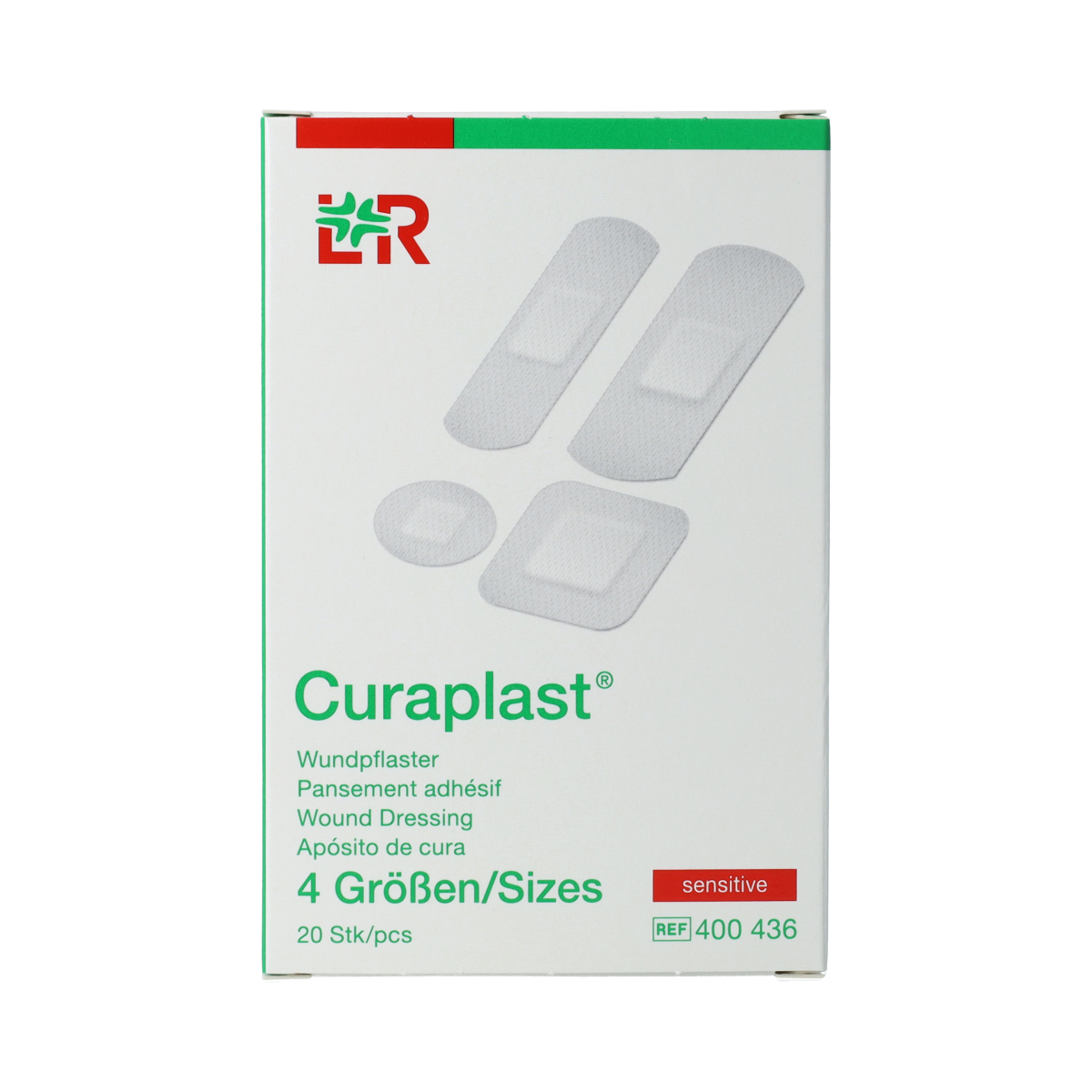 Curaplast Sensitive wound plasters mix, 20 pack, with flexible, gentle adhesive for sensitive skin, suitable for minor cuts and injuries.