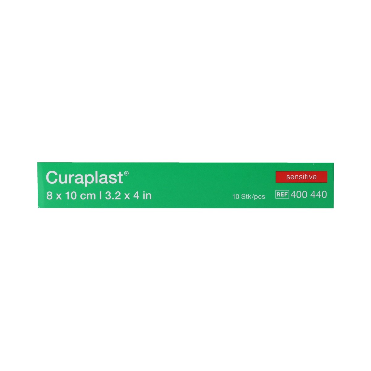 Curaplast Sensitive wound plaster 8cm x 10cm for gentle skin protection, shown on a white background, 10-pack.