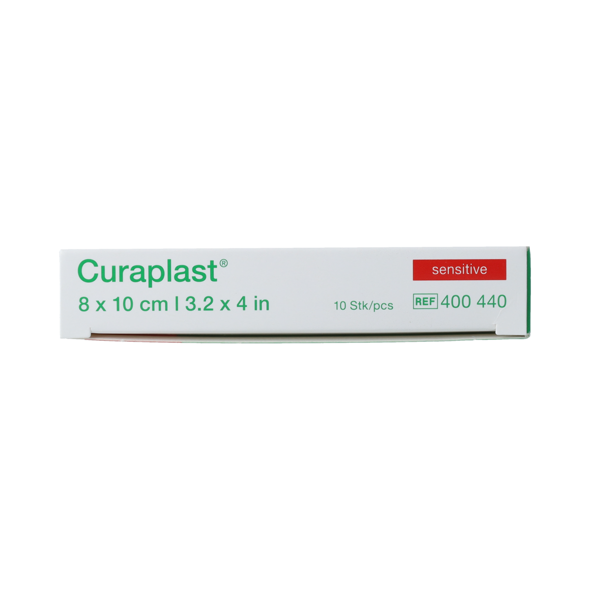 Curaplast Sensitive wound plasters, 8cm x 10cm, pack of 10, soft adhesive tape for sensitive skin, shown on a white background.