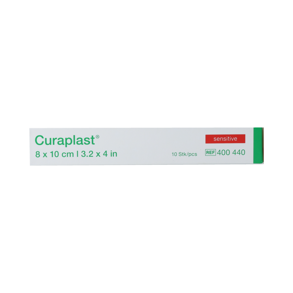 Curaplast Sensitive wound plaster 8cm x 10cm, pack of 10, soft adhesive bandages for gentle skin protection.