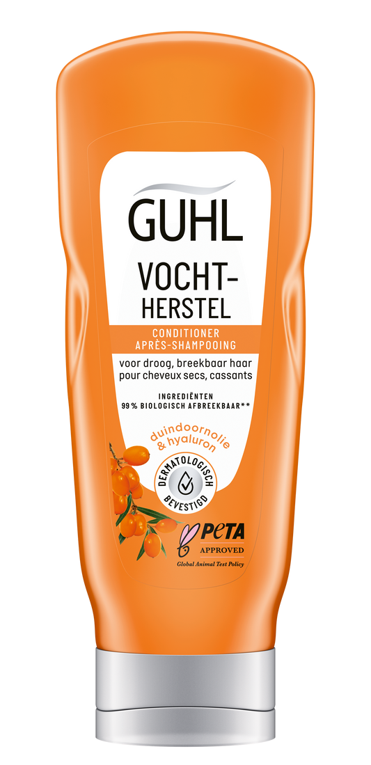 Guhl Vochtherstel conditioner for hair, 200ml bottle, nourishing hair care product with a sleek container and label detail.