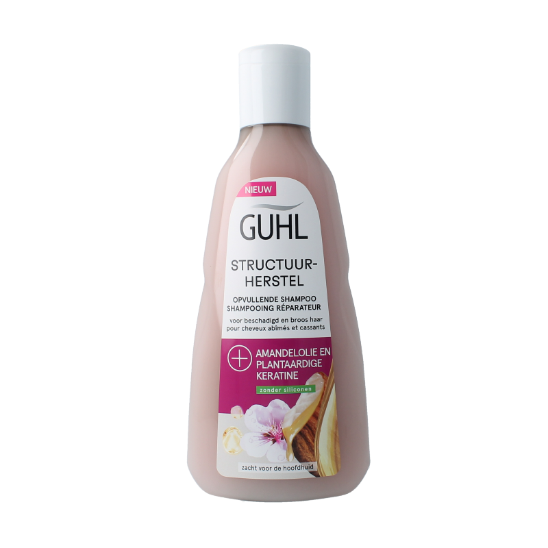 Guhl Structuurherstel shampoo 250ml, creamy formula in a white bottle with a flip cap, designed for damaged hair care.
