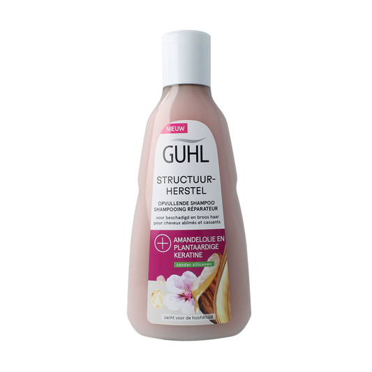Guhl Structuurherstel shampoo 250ml, creamy formula in a white bottle with a flip cap, designed for damaged hair care.