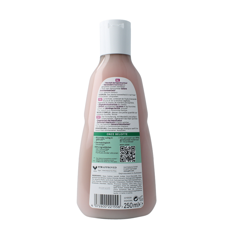 Guhl Structuurherstel shampoo in 250ml bottle, showing the product label and packaging for damaged hair treatment.