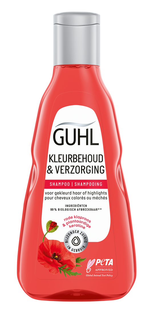 Guhl Kleurbehoud & verzorging shampoo in 250ml bottle, designed for color-treated hair, with a clean label and pump dispenser.