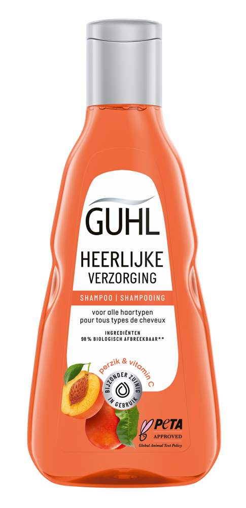 Guhl Heerlijke verzorging shampoo 250ml bottle, blonde hair care product, with a white and purple packaging design.