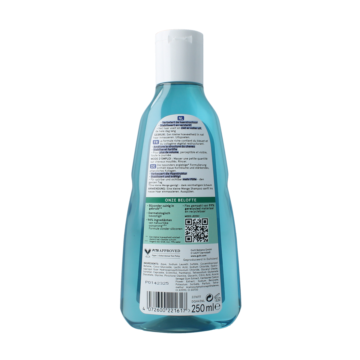 Guhl Langdurig Volume Shampoo bottle, 250ml, in a sleek hair care container with a white and purple label.