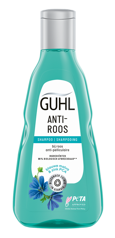 Guhl Anti-roos shampoo 250ml bottle with white and green label, designed for hair care and dandruff relief.