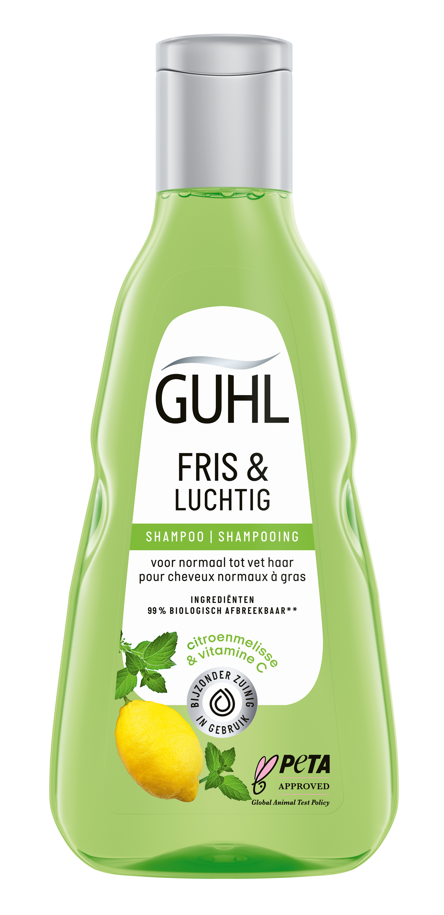 Guhl Fris & Luchtig shampoo bottle, 250ml for lightweight, volumizing hair care with the Guhl brand logo visible.