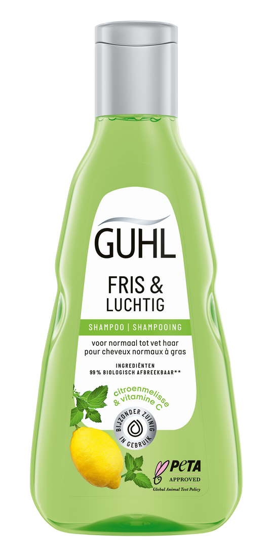 Guhl Fris & Luchtig shampoo bottle, 250ml for lightweight, volumizing hair care with the Guhl brand logo visible.
