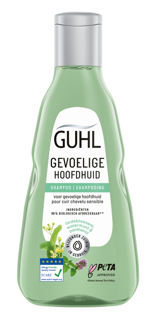 Guhl Gevoelige hoofdhuid shampoo bottle, 250ml, for sensitive scalp, in a sleek packaging with a white and green label