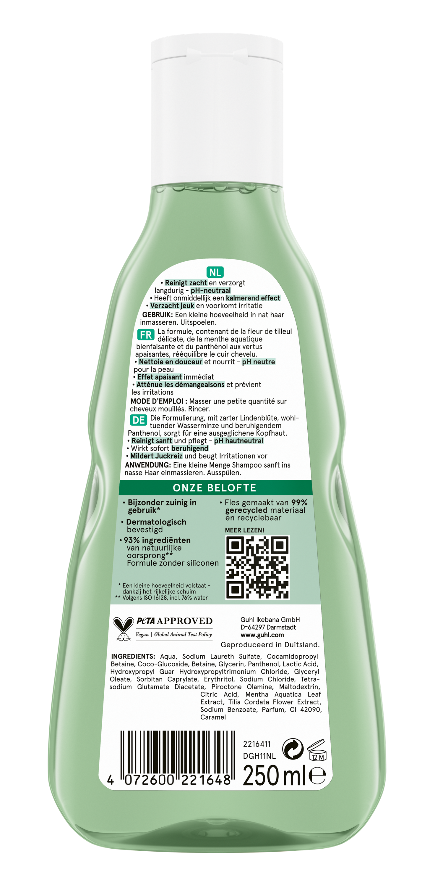 Guhl Gevoelige hoofdhuid shampoo bottle, 250 ml, for sensitive scalp, in a sleek white and purple packaging.