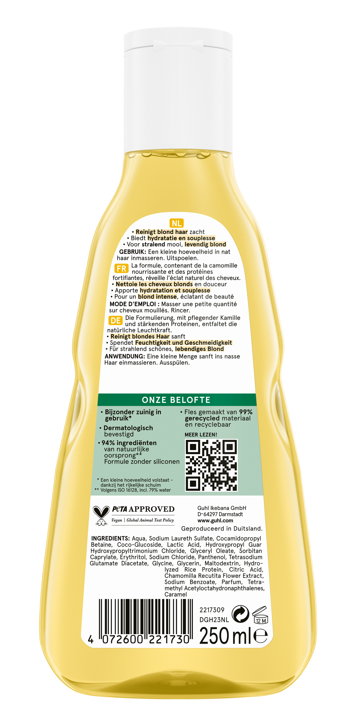Guhl blond glans and verzorging shampoo bottle, 250ml, for hair care and shine enhancement