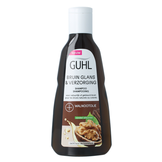 Guhl Bruin glans & verzorging shampoo 250ml bottle, hair care product for enhancing brown hair shine and nourishment