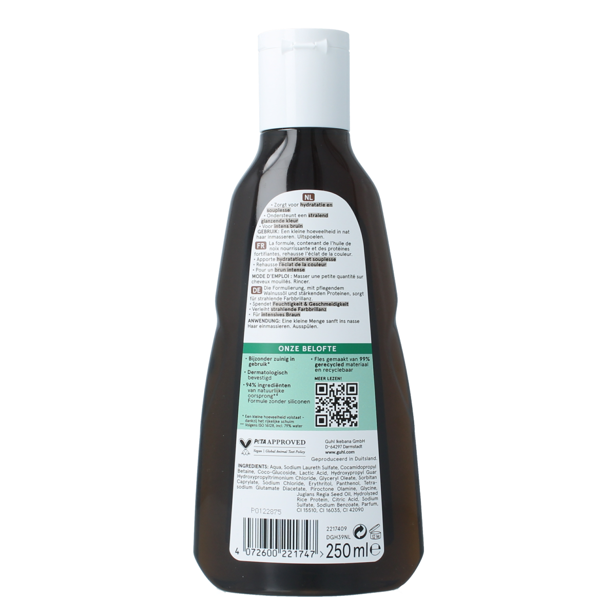 Guhl Bruin glans en verzorgingshampoo in 250ml bottle, designed for nourishing and adding shine to brunette hair.