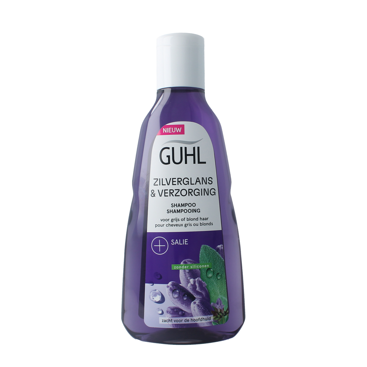 Guhl Zilverglans & verzorging shampoo bottle, 250ml, for hair care, with silver-glossing formula and nourishing ingredients.