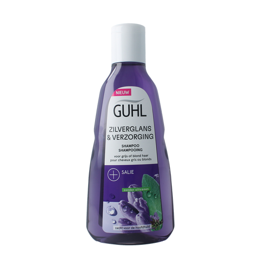 Guhl Zilverglans & verzorging shampoo bottle, 250ml, for hair care, with silver-glossing formula and nourishing ingredients.