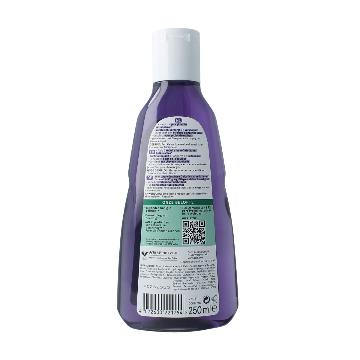 Guhl Zilverglans & verzorging shampoo bottle, 250ml, for hair care, with silver-enhancing formula, shown in the image.