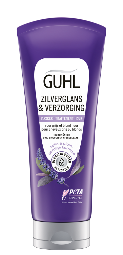 Guhl Zilverglans haarverzorgingsmasker in een 200 ml tube, geschikt voor glanzende zilverachtige haarverzorging.