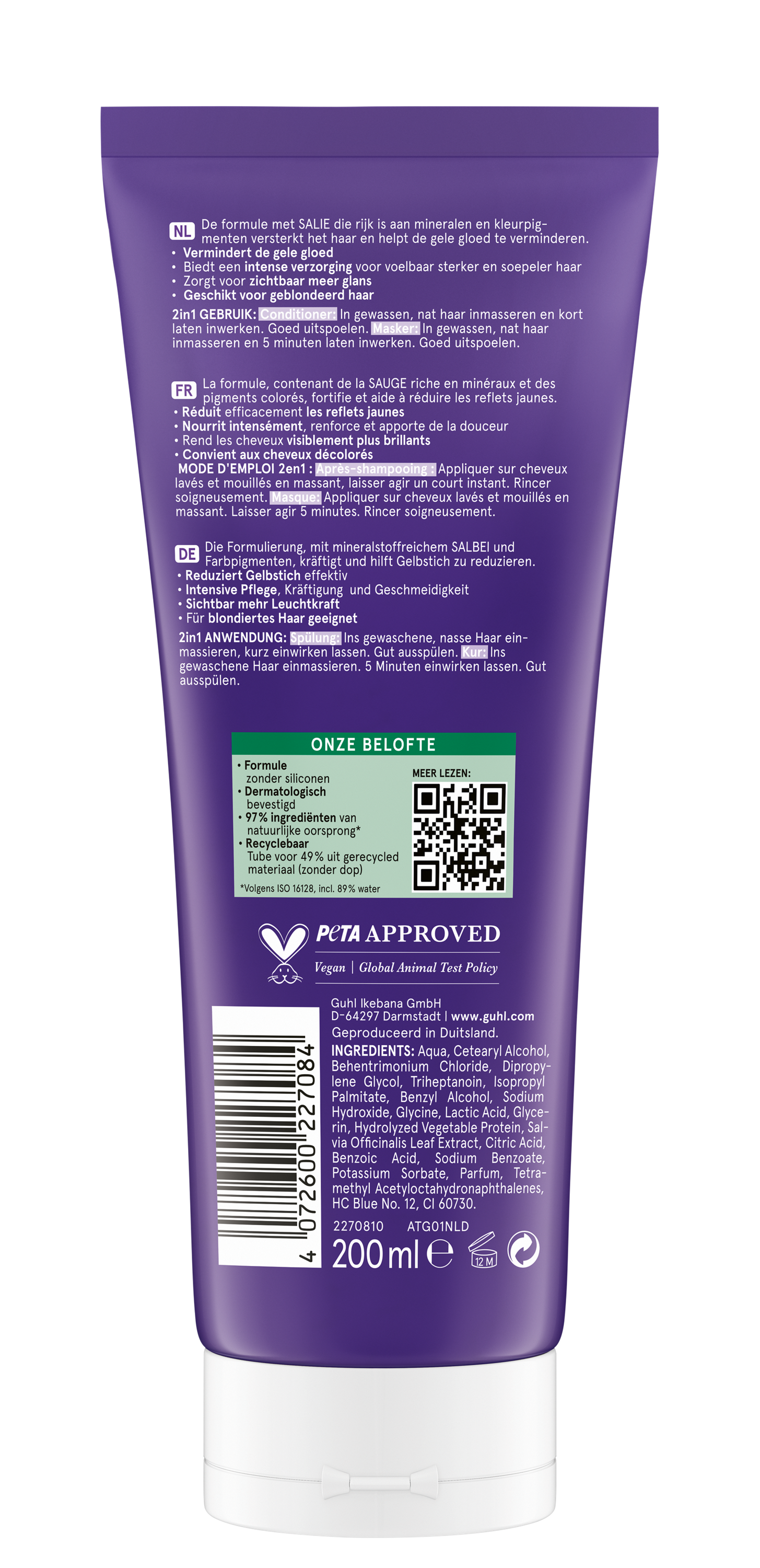 Guhl Zilverglans haarverzorging masker in 200ml jar, designed for silver and blonde hair care, with a smooth, creamy texture.