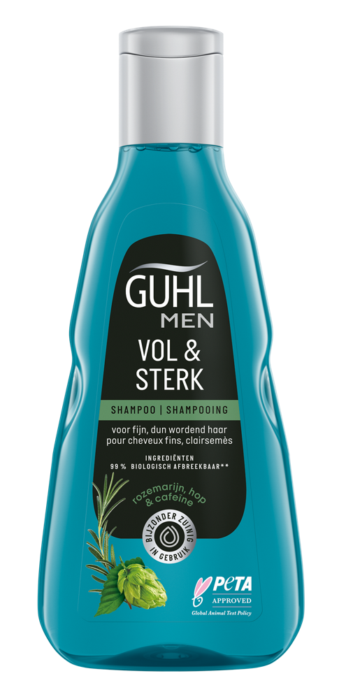 Guhl Man Vol & Sterk shampoo 250ml bottle with label, designed for men's hair care, featuring a sleek black and silver packaging.