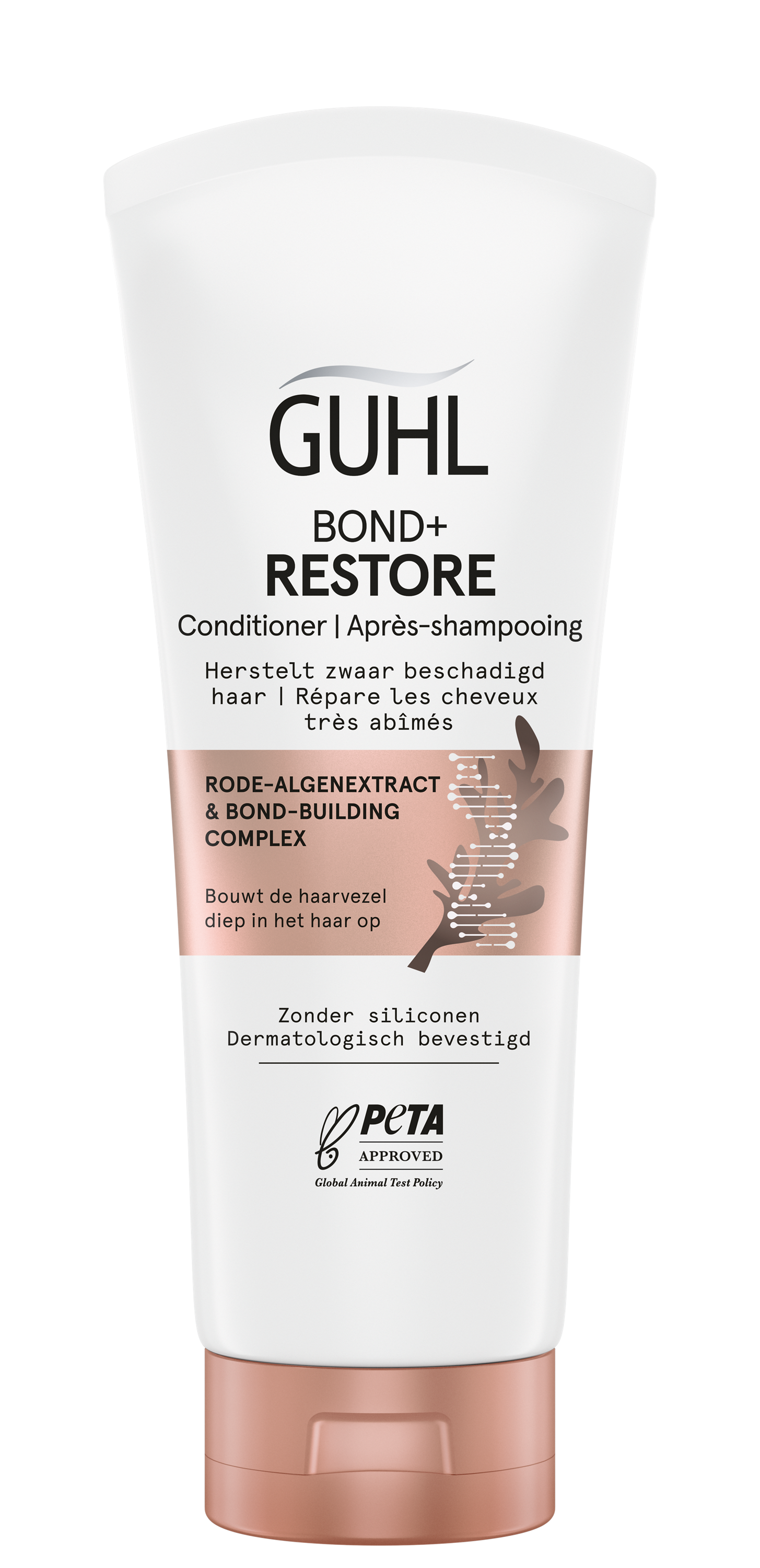 Guhl Bond & Restore conditioner for hair, 200ml, in a white bottle with purple cap and label, suitable for hair repair.