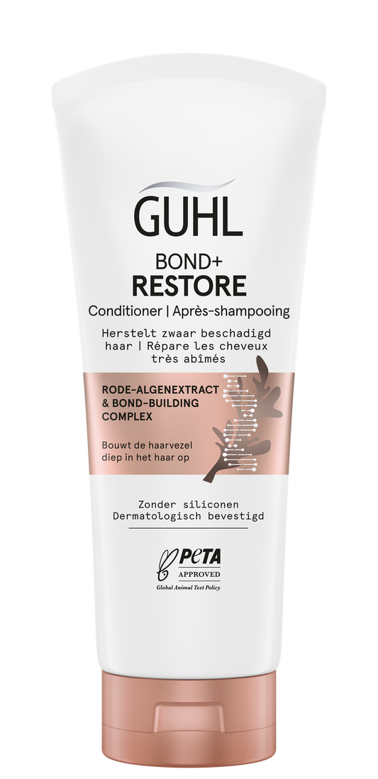 Guhl Bond & Restore conditioner for hair, 200ml, in a white bottle with purple cap and label, suitable for hair repair.