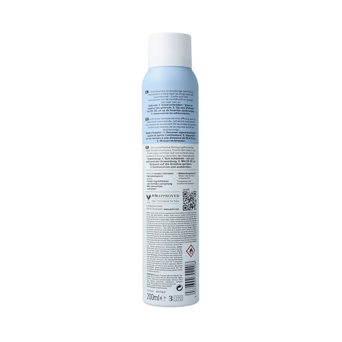 Guhl droogshampoo 30sec volume en frisheid, 200 ml, haarverzorging product with spray nozzle and clear label.