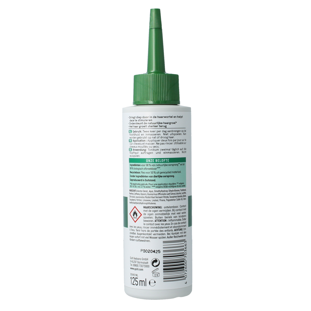 Guhl Kracht & volume scalp tonic bottle, 125ml, for hair strengthening and volume boost, in a clear container with a spray nozzle.