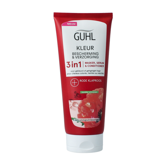 Guhl Kleur bescherming & verzorging 3in1 treatment for hair, 200ml bottle, nourishing hair care product with color protection.