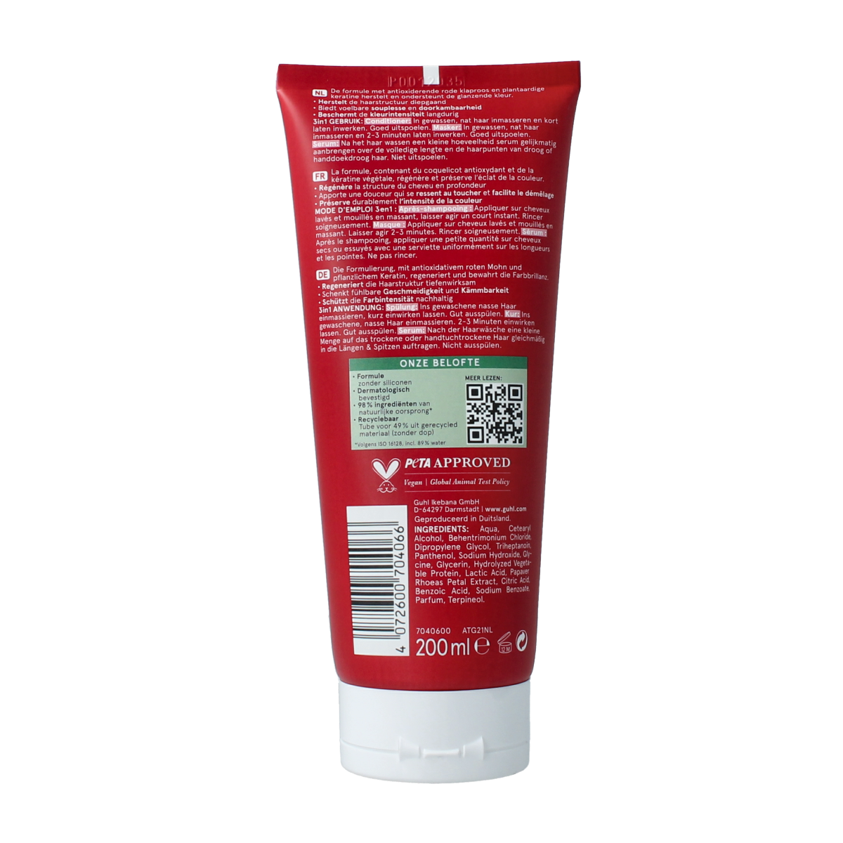Guhl Kleur bescherming & verzorging 3in1 treatment bottle for hair care, 200ml, with vibrant packaging and product details visible.